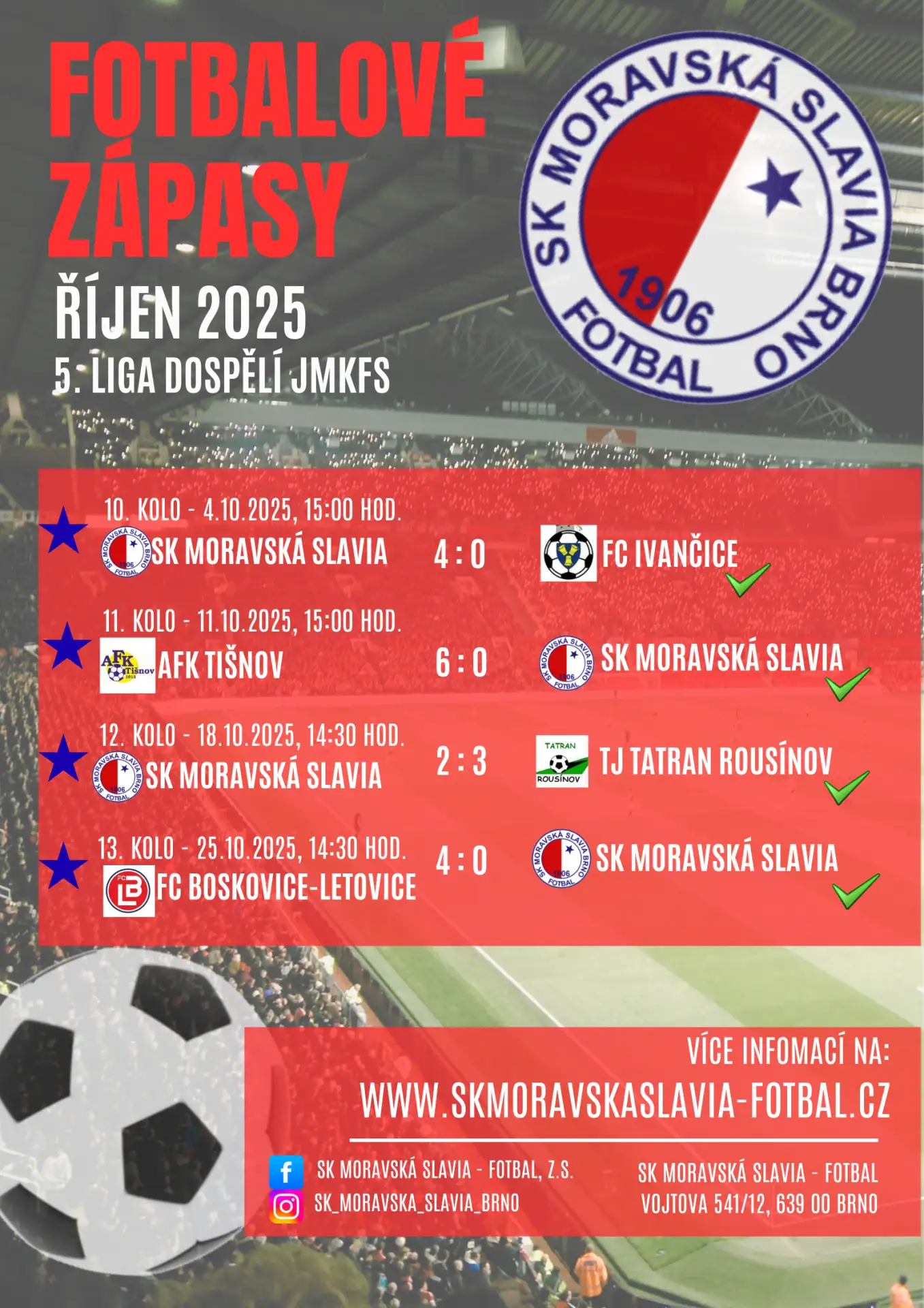 SK Moravská Slavia Brno "A tým" - zápasy říjen 2025